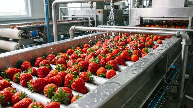Fresh red strawberries washed on industrial conveyor line for packing.