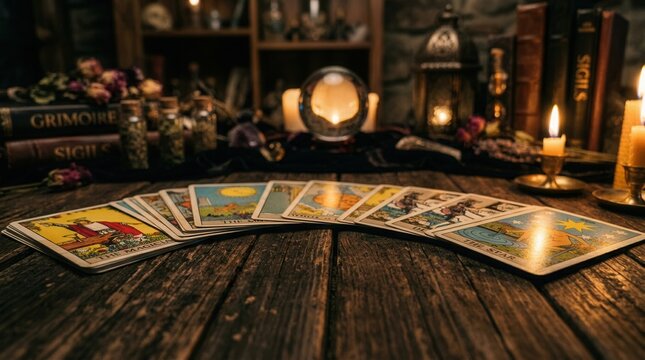 Tarot cards laid out on a dark wooden table, surrounded by lit candles, a crystal ball, and ancient books. Evoking mysticism and fortune telling.