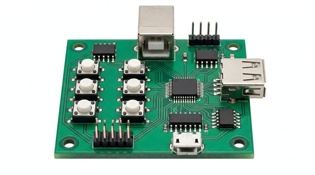 Green circuit board with tactile push buttons and usb interface ports.