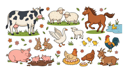 Obraz premium Cute cartoon farm animals icons set vector doodle with funny livestock characters isolated on white background