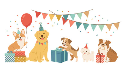 Fototapeta premium Cute cartoon puppies celebrating birthday party with colorful flags garlands gifts and balloon isolated vector illustration banner