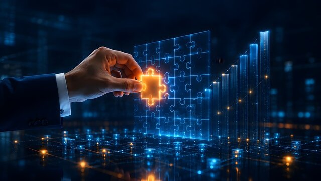 A human hand thoughtfully places a glowing puzzle piece into a digital grid, symbolizing strategic problem-solving, innovative solutions, and achieving future business growth.