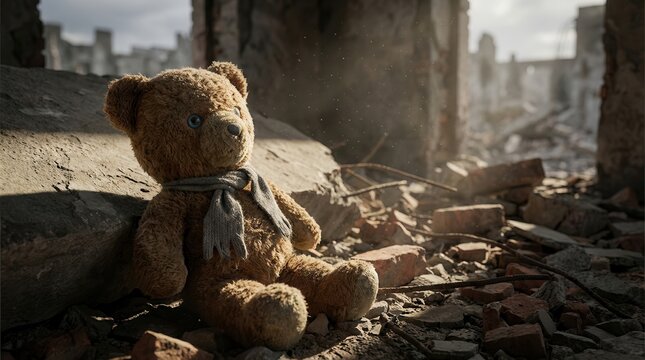 Brown plush bear sitting amongst rubble, wearing a gray scarf, blue eyes. Desolate city ruins in the blurred background. Feeling of war and abandonment.