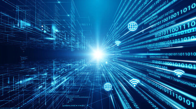 Abstract blue digital grid with binary code and glowing lines, symbolizing data flow, technology, and global connectivity