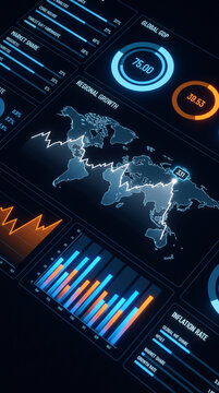 Global financial data showcase with world map, charts, and infographics, symbolizing economic analysis and business strategy