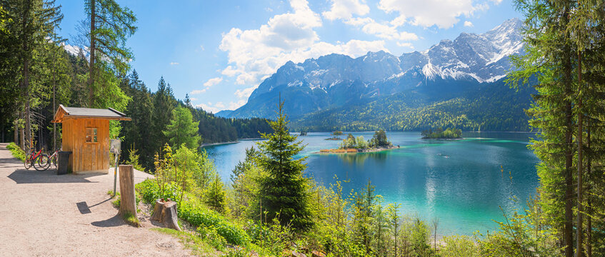 viewpoint with small hut, bike route around lake Eibsee. pictorial landscape upper bavaria