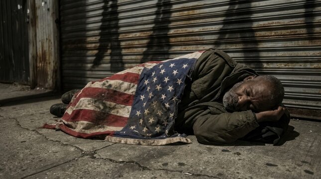 Homeless man sleeping on the concrete sidewalk, covered by a worn American flag. Rusted metal shutter in the background.
