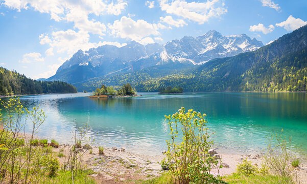 pictorial summer scenery lake Eibsee, Wetterstein alps, bavaria. famous tourist destination