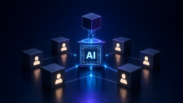 Artificial intelligence connecting diverse human users in a futuristic digital network, symbolizing advanced machine learning and data collaboration within modern technological systems.