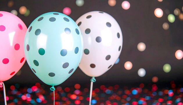 Two polka dot balloons at a celebration in a dark background