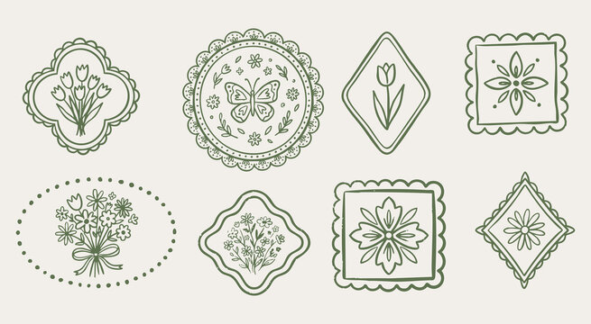 Floral borders and frame badge set, hand drawn decorative vintage flower labels and stickers, tulip butterfly and wildflower doodle illustration bundle for scrapbooking and packaging design