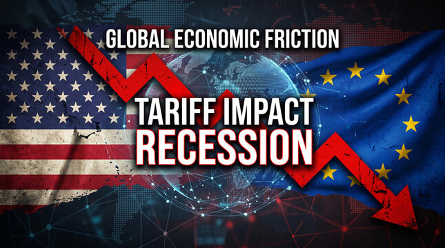 Global economic friction and recession depicted with flags and downward red arrow symbolizing trade impact and market decline.