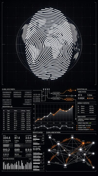 Digital fingerprint overlay on a stylized Earth, with data charts and network diagrams, symbolizing global security and data analytics