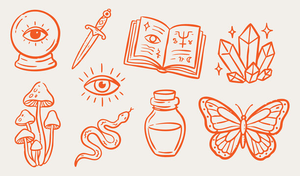 Occult witchy mystical doodle set, hand drawn vector with crystal ball, spell book, potion bottle, athame dagger, mushrooms, snake, evil eye and crystal cluster, Halloween illustration bundle