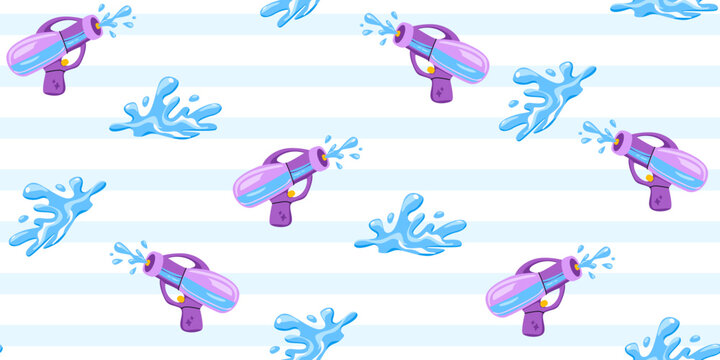 Purple water guns and splashes. Seamless pattern on light blue striped background. Playful summer vector illustration