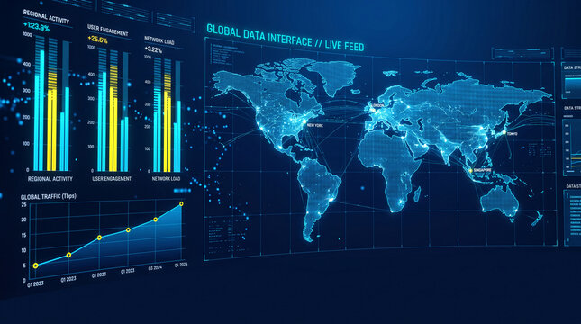 Global data interface with charts and world map, showcasing network activity and user engagement, symbolizing connectivity and information flow