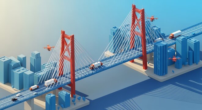 Modern suspension bridge city aerial view transportation art design rendering