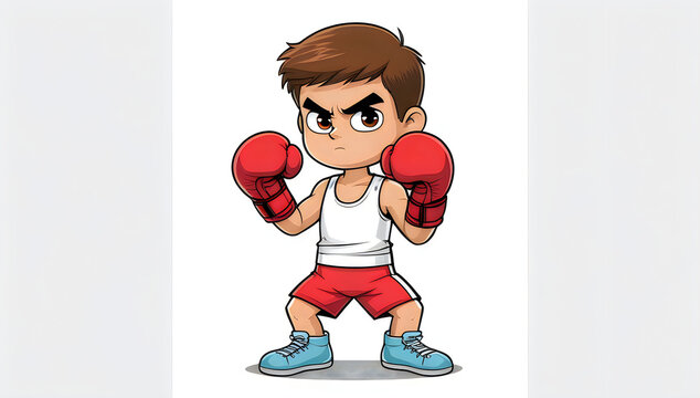Cartoon boy boxer wearing red gloves standing in fighting pose illustration