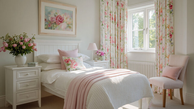 Cozy bedroom featuring white bed, floral curtains, a pink throw blanket, and a decorative chair, creating a feminine home interior