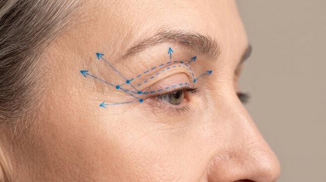 Side view macro of senior woman eye area with blue surgical markings for blepharoplasty and eye lifting procedure
