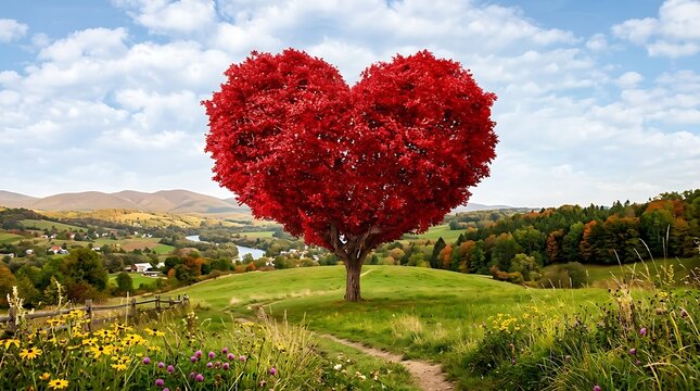 Massive red heart shaped tree in vibrant green valley landscape under bright blue summer sky.