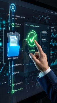 Digital interface showing a workflow with a finger pressing the approve button, symbolizing business process management and digital approval.