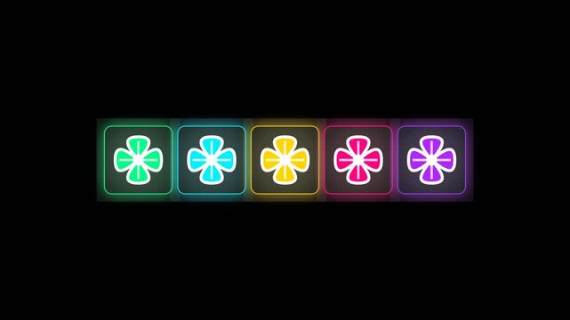 5 Lucky Leaf Rating Bar Glass morphism Overlay - Multi Color Neon Clover Icons Lighting Up Sequentially on Clean Black Background