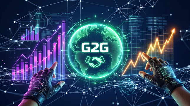 Futuristic digital globe with G2G handshake graphic, charts, and data streams, symbolizing global business, technology, and connection.