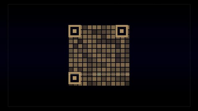 Futuristic QR code animation with glowing gold pixels. Digital scanning interface for mobile payments. Cyberpunk data matrix on black background.