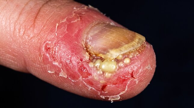 Extreme macro view of infected finger with paronychia severe pus collection and peeling skin