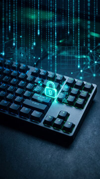 Digital keyboard with glowing padlock icon and binary code background, representing cybersecurity, data protection, and digital security concepts