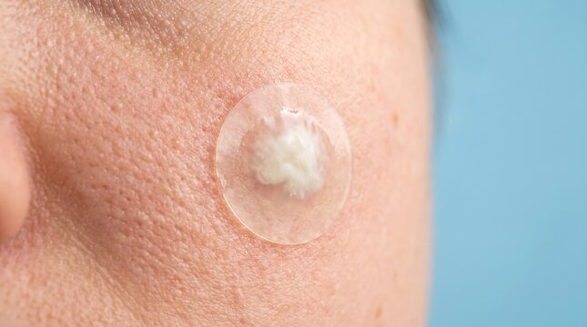 Macro shot of transparent hydrocolloid acne patch covering a whitehead pimple on cheek skin