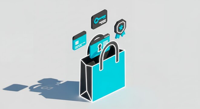 Secure online shopping payment methods and delivery icons for e-commerce transactions involving keys cards and rewards