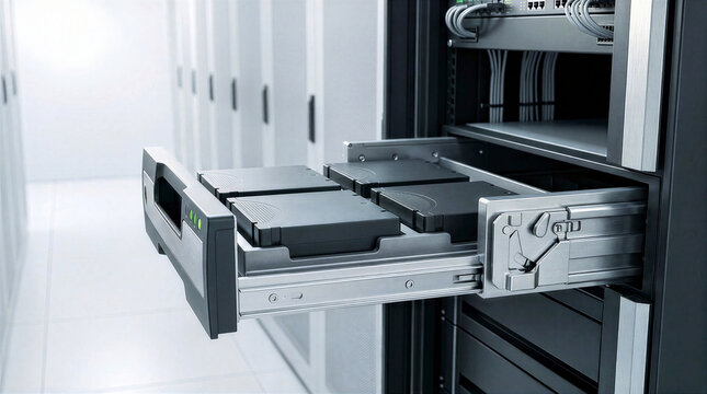 Extended motorized server drawer with four black removable offline backup storage cartridges. High security data center rack cabinet with open pullout storage tray in modern server room corridor