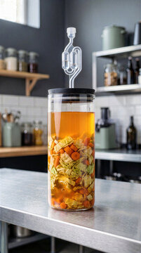 Cylindrical glass fermentation jar with plastic airlock containing chopped cabbage and carrots in amber brine. Fermenting vegetables on stainless steel counter in commercial kitchen background