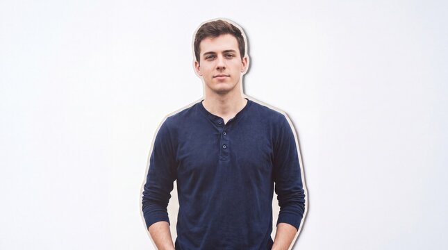 Young man in dark blue Henley shirt standing isolated on white background cutout style