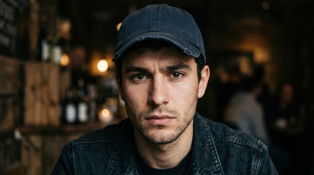 Young man wearing baseball cap in bar