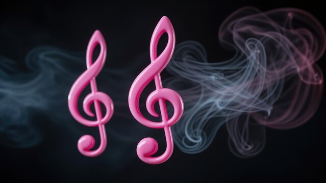 Pink treble clef musical notes with swirling smoke effects on black background, artistic musical instrument symbols, vibrant and modern design for music promotion