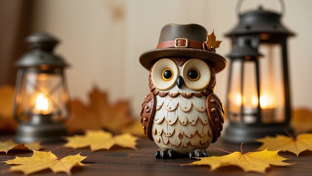 Decorative owl figurine with autumn leaves, warm lighting, and vintage lanterns, perfect for cozy fall decor, home interior, and seasonal themes