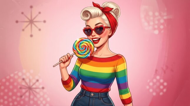 Retro pin up girl with rainbow lollipop and sunglasses