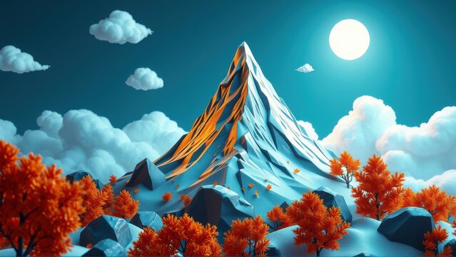 Dramatic mountain landscape. Bright moon illuminates peaks, orange foliage contrasts cool blues. Stylized, low poly aesthetic. Peaceful scene.