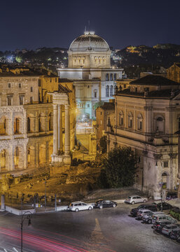 Rome, Italy - 17 October 2021: View of Villa Caffarelli and the ancient ruins of Teatro di Marcello illuminated at night in Rome, Lazio, Italy.