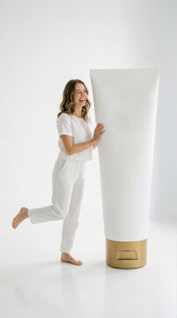 Woman laughing and hugging a giant tube of face cream