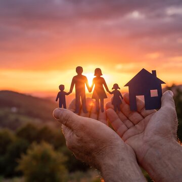 Dedicated hands tenderly cradle a paper cut-out family and home silhouette against a magnificent sunset, symbolizing unwavering protection, secure future, and cherished dreams for loved ones