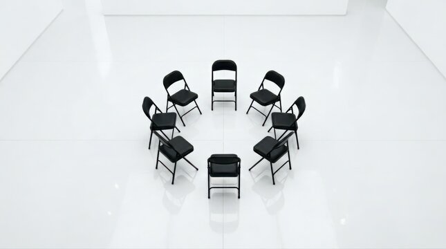 Circle of Black Chairs in White Room