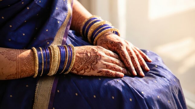 Woman hands with henna and blue bangles on blue sari