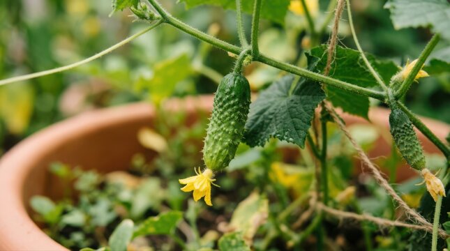 Young Cucumber Growing on Vine with Yellow Flower