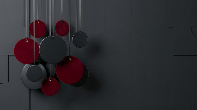 Modern abstract art composition with hanging red and black circles on textured dark wall background