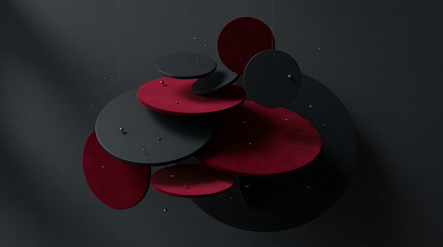 Conceptual floating abstract composition of red and black circles with small glittering elements