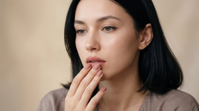 Thoughtful woman with hand near mouth and subtle makeup
